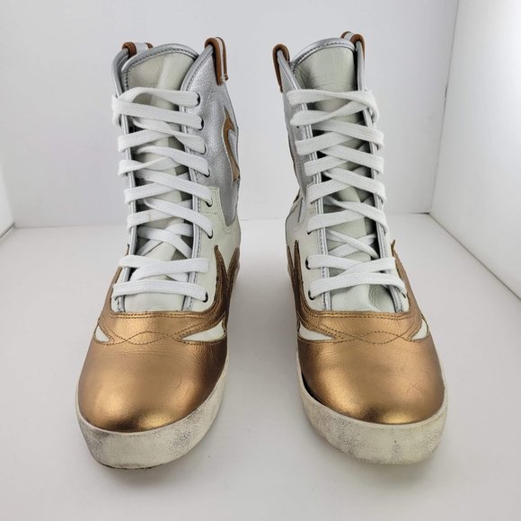 Fornarina x Cowgirls High Top Hidden Wedge Boot Sneakers White Gold Silver 8537 - Picture 2 of 7